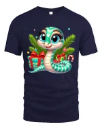 Cute Christmas Snake Tee with Gifts and Holiday Cheer Design - navy t-shirt on white background
