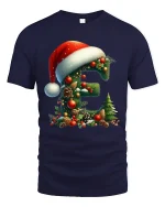 Christmas Letter E Tee Festive Santa Hat Holiday Design - navy t-shirt on white background