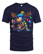 Funny Christmas Moose Tee Winter Hat Scarf Festive Ornaments - navy t-shirt on white background