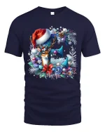 Christmas Floral E Initial Tee with Cute Deer Holiday Design - navy t-shirt on white background