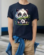 Cute Panda Soccer Tee with Bamboo and Adorable Sports Artwork - model wearing navy tee with hands in pockets