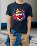 Cute Puppy Heart Tee with Flowers and Butterflies Artwork - model wearing navy tee with hands in pockets