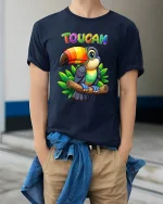 Colorful Toucan Tee with Tropical Cartoon Bird Jungle Artwork - model wearing navy tee with hands in pockets