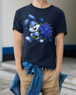 Cute Blue Bunny Bouquet Tee with Adorable Flower Art Design - model wearing navy tee with hands in pockets