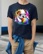 Color Splash Bulldog Tee with Cute Pup and Rainbow Ball Art - model wearing navy tee with hands in pockets