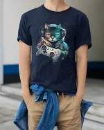 Retro Gamer Cat Tee with Headphones and Neon Controller Art - model wearing navy tee with hands in pockets
