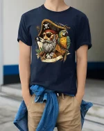 Vintage Pirate Captain Tee with Parrot and Bold Nautical Art - model wearing navy tee with hands in pockets