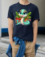 Cute Christmas Snake Tee with Gifts and Holiday Cheer Design - model wearing navy tee with hands in pockets