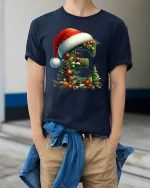 Christmas Letter E Tee Festive Santa Hat Holiday Design - model wearing navy tee with hands in pockets