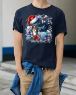 Christmas Floral E Initial Tee with Cute Deer Holiday Design - model wearing navy tee with hands in pockets