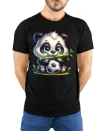 Cute Panda Soccer Tee with Bamboo and Adorable Sports Artwork - model wearing black tee with hands behind back