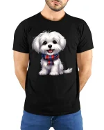 Cute White Puppy Tee with Plaid Scarf and Adorable Dog Artwork - model wearing black tee with hands behind back