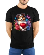 Cute Puppy Heart Tee with Flowers and Butterflies Artwork - model wearing black tee with hands behind back