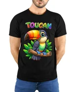 Colorful Toucan Tee with Tropical Cartoon Bird Jungle Artwork - model wearing black tee with hands behind back