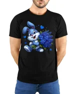 Cute Blue Bunny Bouquet Tee with Adorable Flower Art Design - model wearing black tee with hands behind back