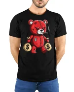 Savage Money Bear Tee with Badass Red Teddy Graphic Art - model wearing black tee with hands behind back