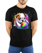 Color Splash Bulldog Tee with Cute Pup and Rainbow Ball Art - model wearing black tee with hands behind back