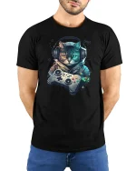 Retro Gamer Cat Tee with Headphones and Neon Controller Art - model wearing black tee with hands behind back