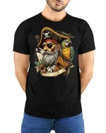 Vintage Pirate Captain Tee with Parrot and Bold Nautical Art - model wearing black tee with hands behind back