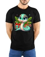 Cute Christmas Snake Tee with Gifts and Holiday Cheer Design - model wearing black tee with hands behind back