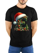 Christmas Letter E Tee Festive Santa Hat Holiday Design - model wearing black tee with hands behind back