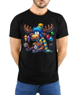 Funny Christmas Moose Tee Winter Hat Scarf Festive Ornaments - model wearing black tee with hands behind back