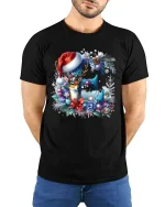 Christmas Floral E Initial Tee with Cute Deer Holiday Design - model wearing black tee with hands behind back