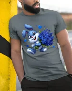 Cute Blue Bunny Bouquet Tee with Adorable Flower Art Design - model wearing grey tee, leaning on column