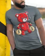 Savage Money Bear Tee with Badass Red Teddy Graphic Art - model wearing grey tee, leaning on column