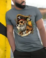 Vintage Pirate Captain Tee with Parrot and Bold Nautical Art - model wearing grey tee, leaning on column