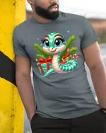 Cute Christmas Snake Tee with Gifts and Holiday Cheer Design - model wearing grey tee, leaning on column