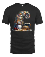 Whimsical Treasure Gnome Graphic Tee With Ocean Shell Fantasy Art - black t-shirt on white background