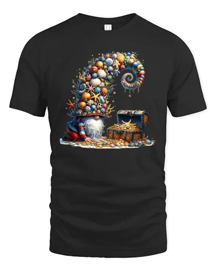 Whimsical Treasure Gnome Graphic Tee With Ocean Shell Fantasy Art - black t-shirt on white background