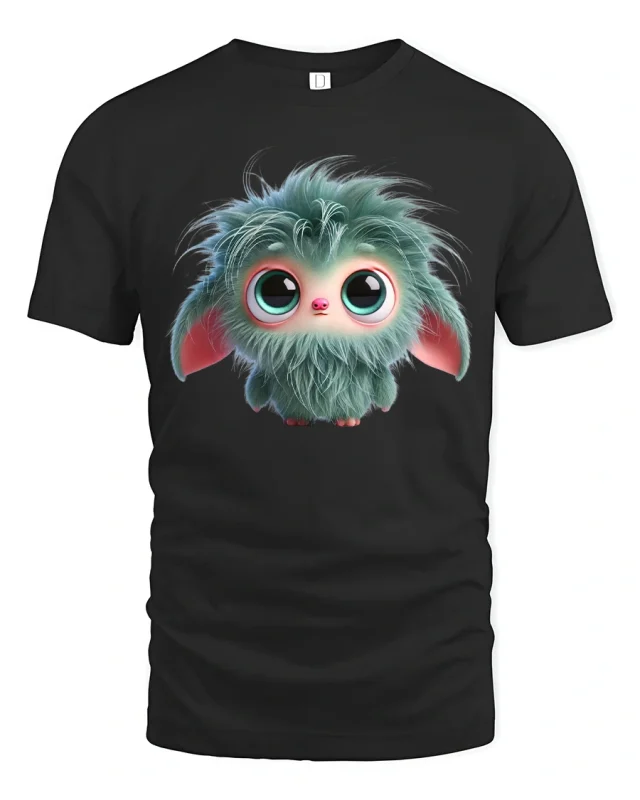 Cute Fluffy Monster Tee With Big Eyes Soft Mood Charm - black t-shirt on white background