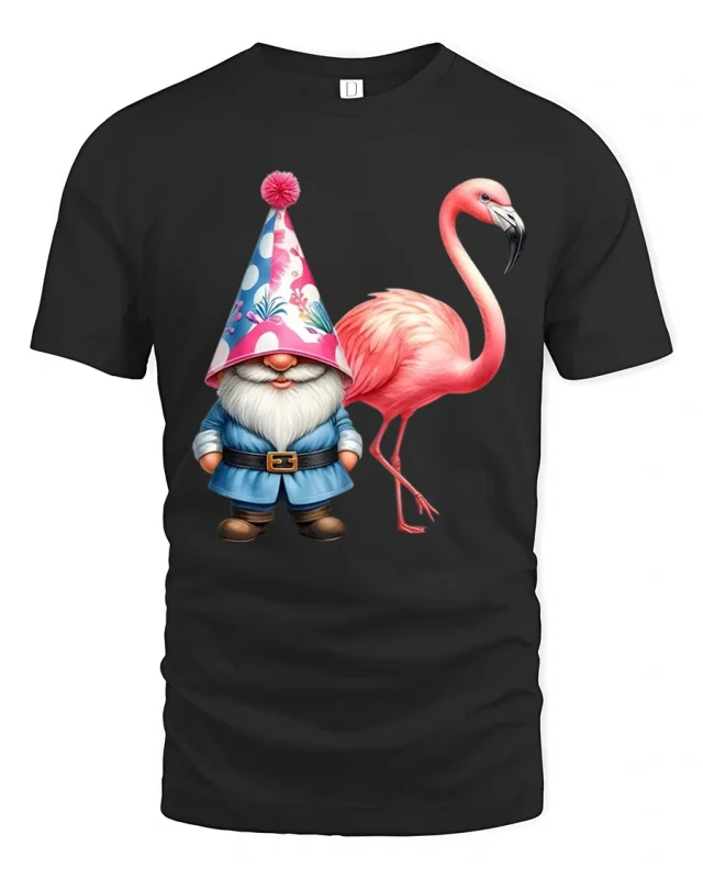 Funny Gnome And Flamingo Tee With Whimsical Party Vibes - black t-shirt on white background