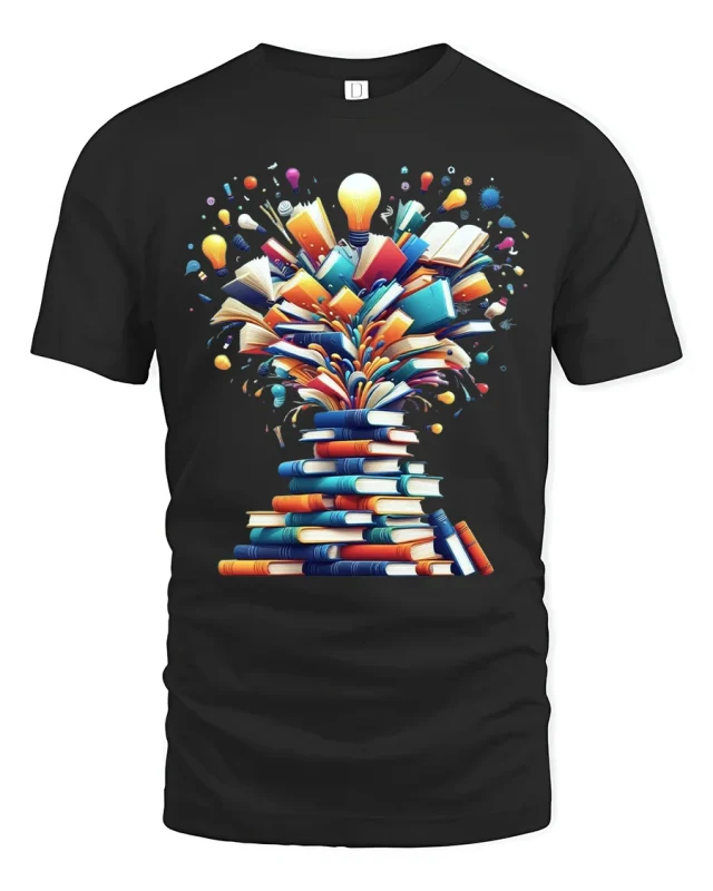 Creative Book Explosion Tee With Bright Ideas And Knowledge - black t-shirt on white background