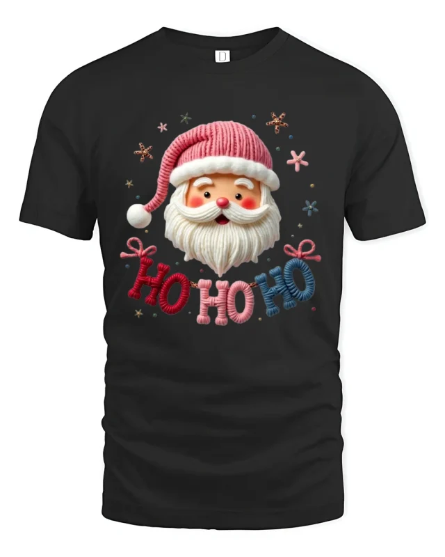 Ho Ho Ho Santa Claus Tee With Cute Cozy Holiday Cheer - black t-shirt on white background