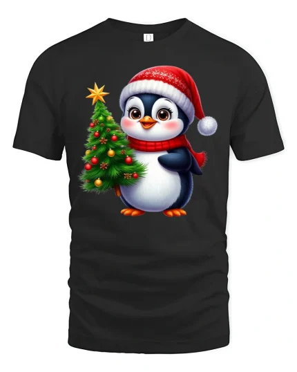 Cute Christmas Penguin Tee With Cozy Holiday Cheer - black t-shirt on white background