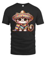 Cute Sombrero Cat Tee With Colorful Fiesta Vibes - black t-shirt on white background