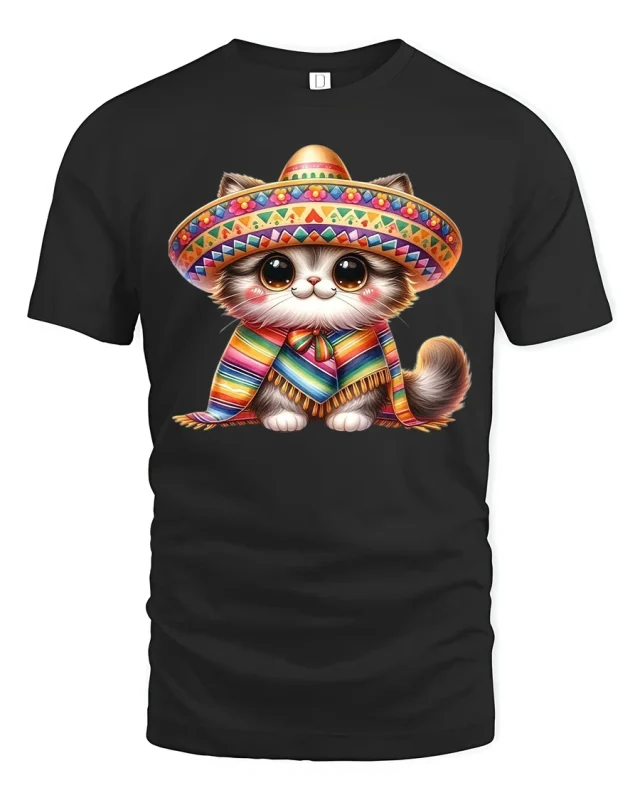 Cute Sombrero Cat Tee With Colorful Fiesta Vibes - black t-shirt on white background