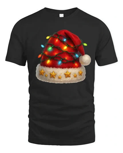 Festive Santa Hat Tee With Twinkling Holiday Lights - black t-shirt on white background