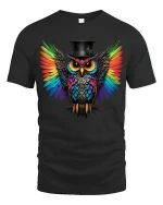 Rainbow Owl Tee With Bold Colorful Wings And Cool Style - black t-shirt on white background