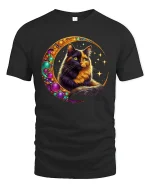 Mystic Moon Cat Tee With Cosmic Glow And Magical Vibes - black t-shirt on white background