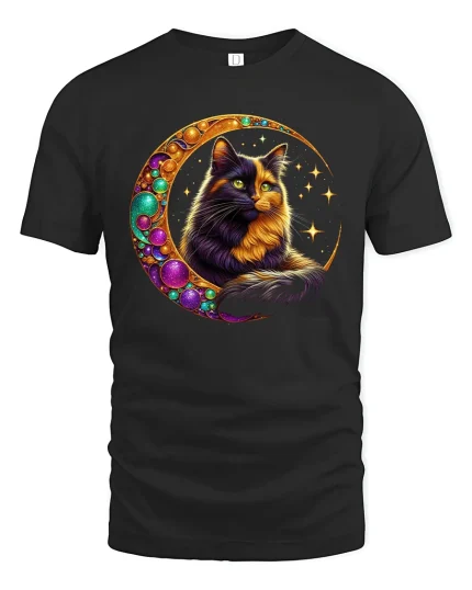 Mystic Moon Cat Tee With Cosmic Glow And Magical Vibes - black t-shirt on white background
