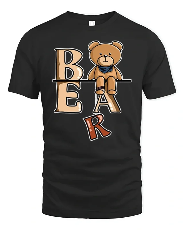 Cute Bear Letter Tee With Playful Cartoon Style Art - black t-shirt on white background