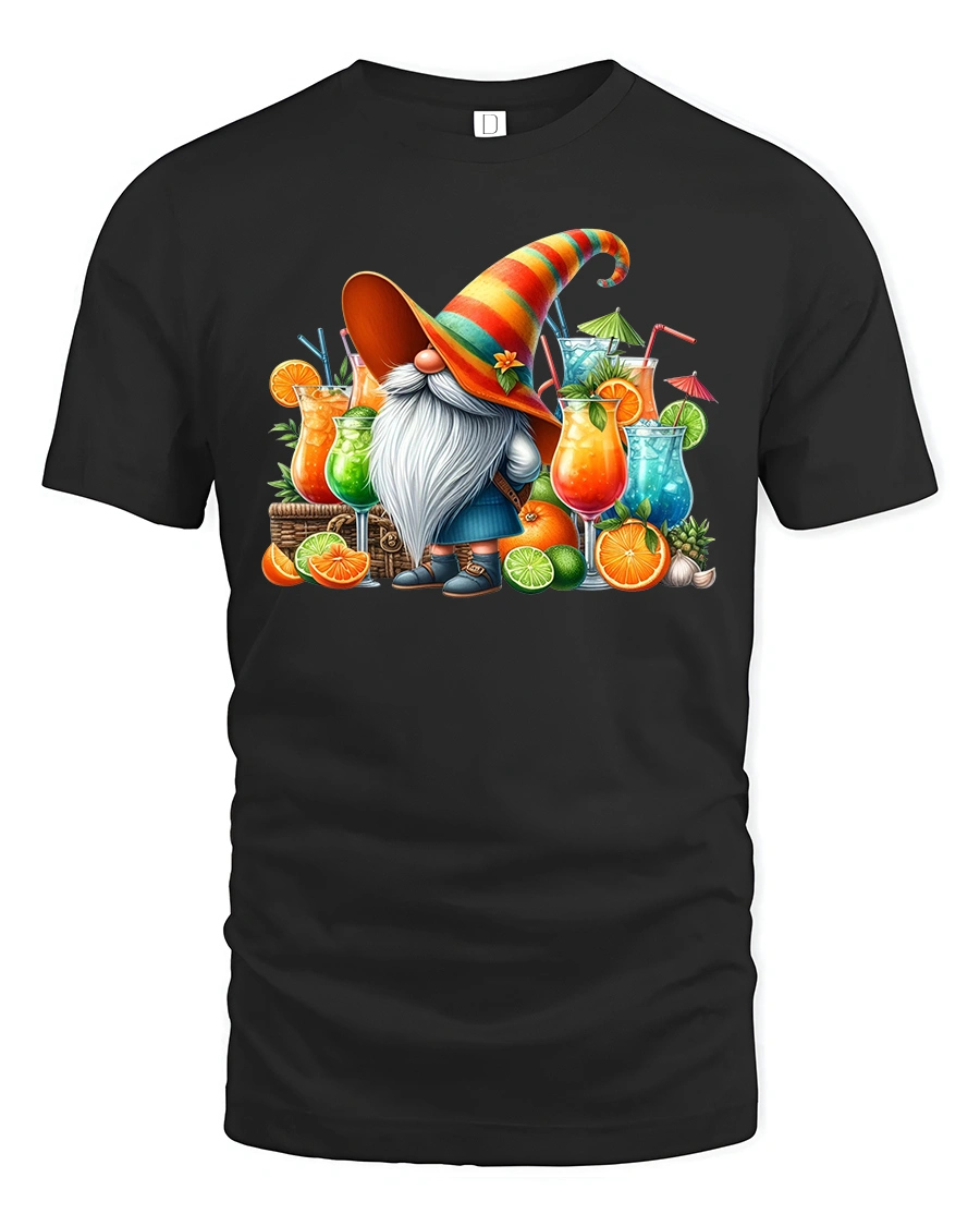 Funny Cocktail Gnome Graphic Tee With Colorful Summer Drink Art - 1 Funny Cocktail Gnome Graphic Tee With Colorful Summer Drink Art - black t-shirt on white background