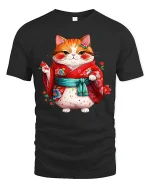 Cute Kimono Cat Tee With Adorable Japanese Style Art - black t-shirt on white background
