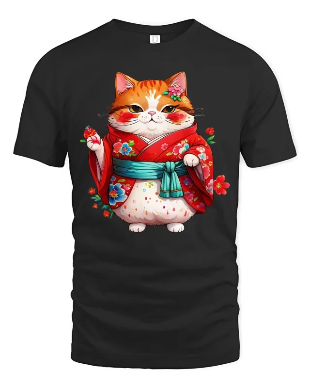 Cute Kimono Cat Tee With Adorable Japanese Style Art - black t-shirt on white background