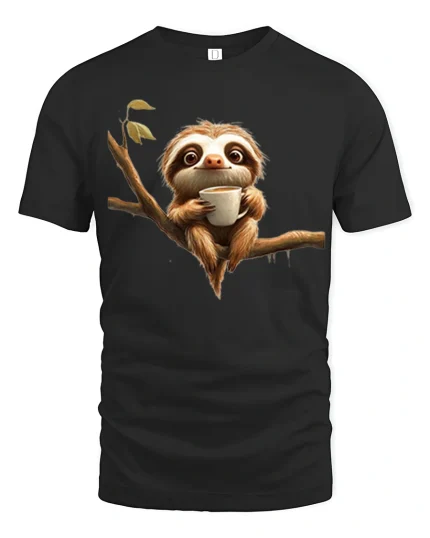 Cute Coffee Sloth Tee With Cozy Morning Chill Vibes - black t-shirt on white background