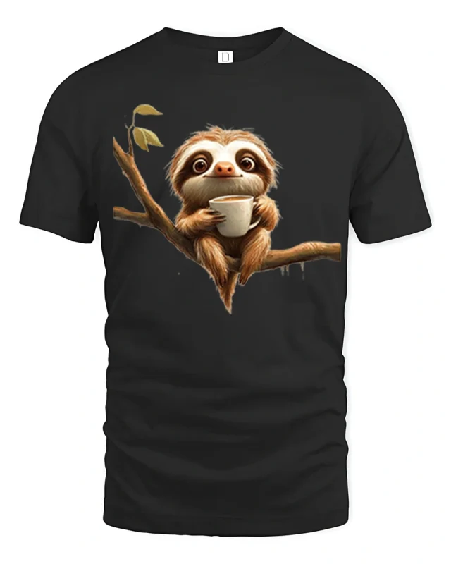 Cute Coffee Sloth Tee With Cozy Morning Chill Vibes - black t-shirt on white background